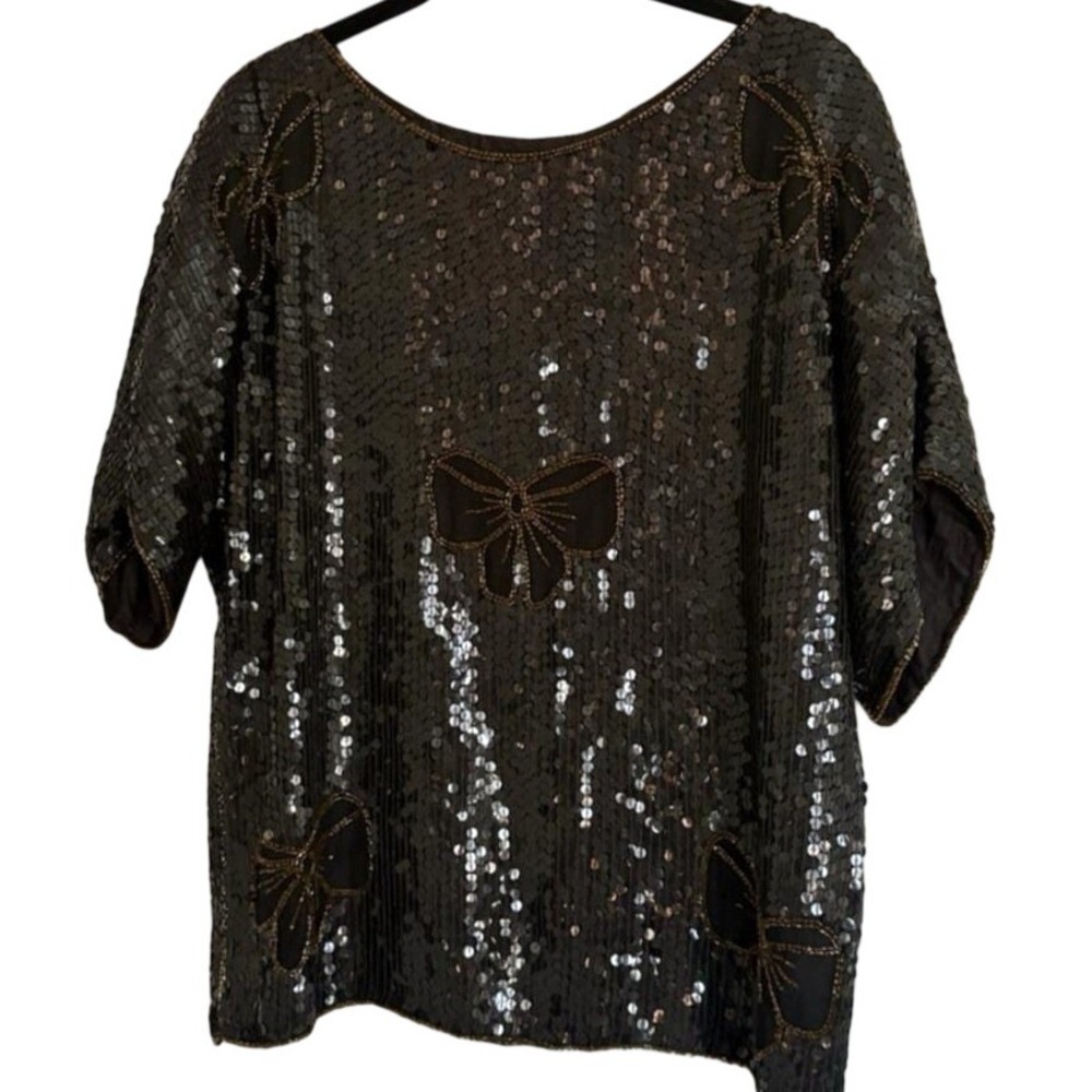Vintage Joseph Le Bon Black Silk‎ Sequin Beaded Bow Top Size Medium Evening